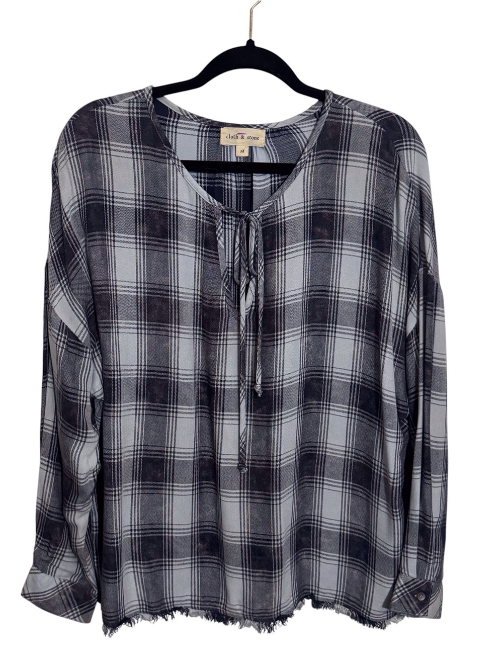 Cloth & Stone Anthro Medium Gray Plaid Top Long Sleeve Boho Viscose Long Sleeve